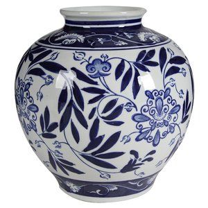 8.5 X 9" Aline Blue and White Floral Round Vase